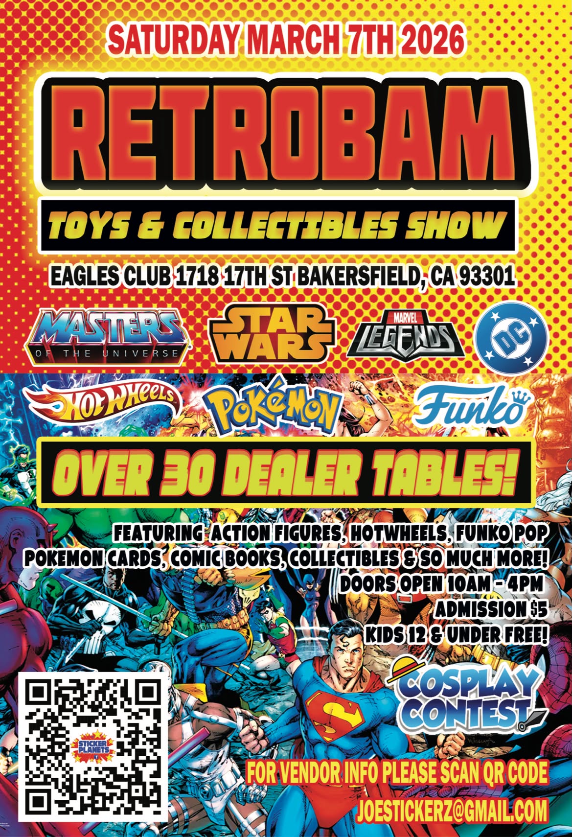RETRO-BAM! event flyer with bright retro comic styling, show date, venue, and collectible categories.