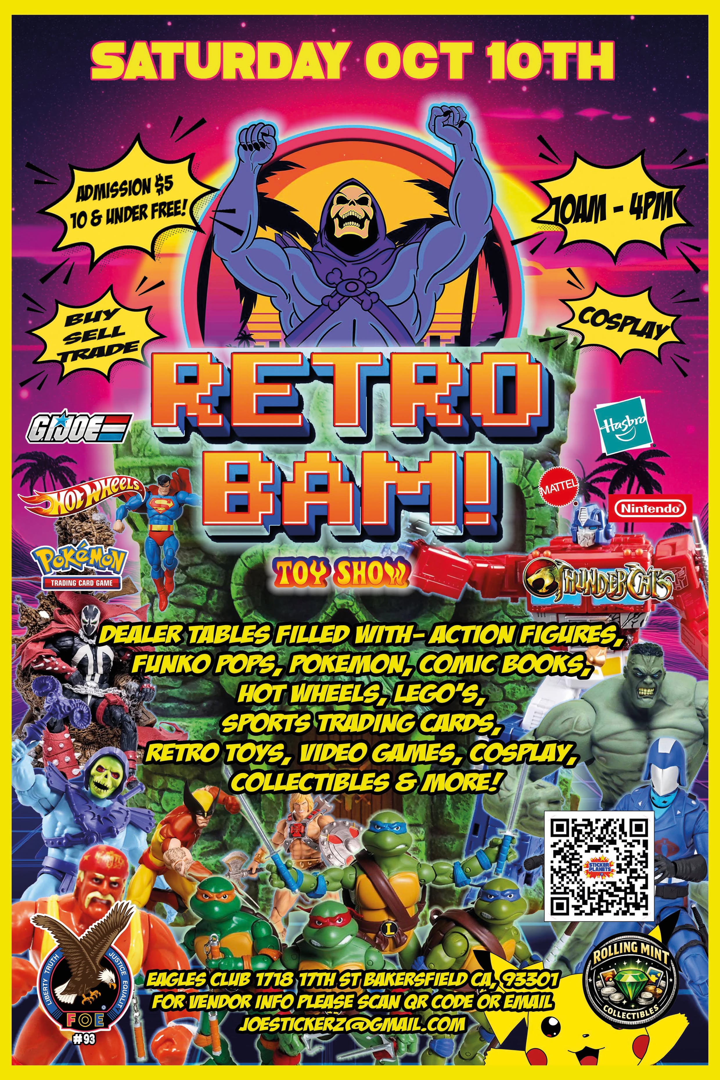 RETRO-BAM! event flyer with bright retro comic styling, show date, venue, and collectible categories.