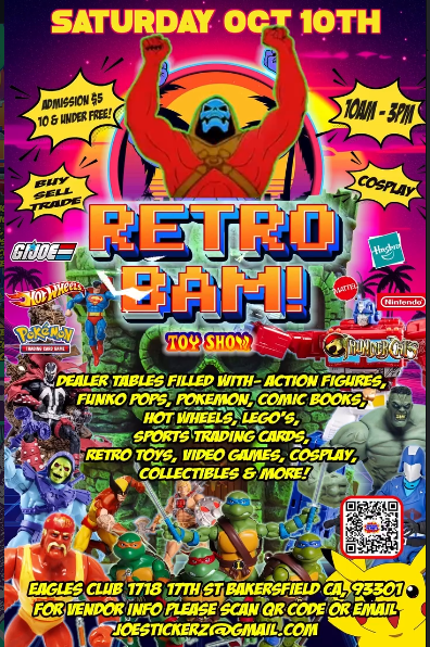 RETRO-BAM! event flyer with bright retro comic styling, show date, venue, and collectible categories.